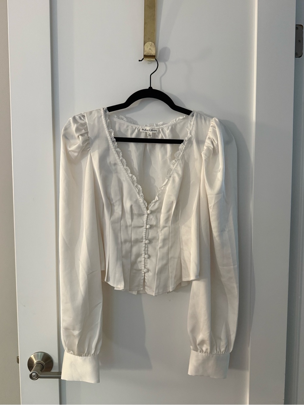 For Love & Lemons Ivory Lace-Trim Puff Sleeve Blouse